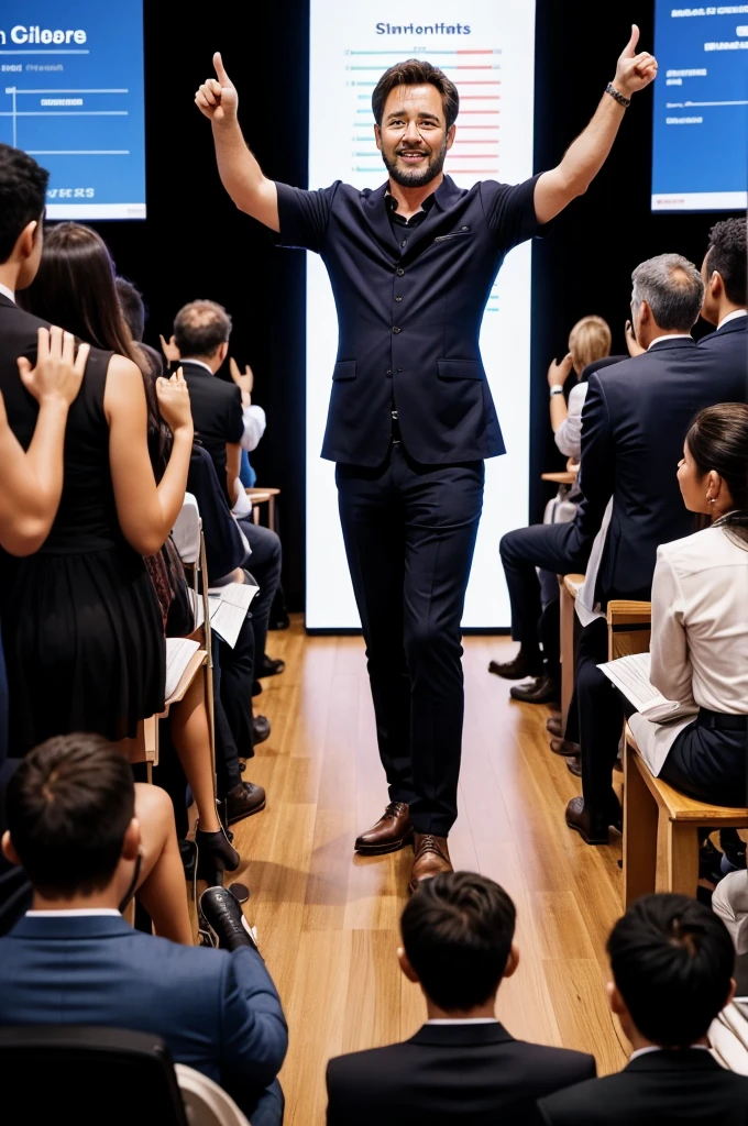 Mark Sharing His Journey**:
   - "A man standing in front of a small group of people, enthusiastically sharing his story. He points to a chart showing the growth of his investments, with the audience listening intently."