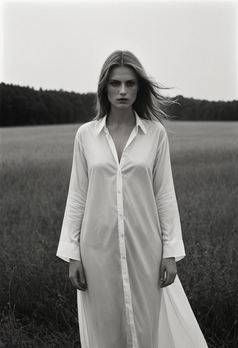 (dark mood masterpiece Photography by Mario Giacomelli:1.2), evil slavic woman, pale skin, long dark blond hair, Stunning b&w 35mm full body photo of a beautiful, perfecteyes, dark circles under eyes, highly detailed skin, (lightest freckles:0.9), standing in a casual pose with her hands on her nipples. wearing (wide-open:1.34) white_silk_shirt. unbuttoned shirt. (nipslip:1.4). a loose-fitting oversized men's unbuttoned shirt, open white business shirt. intricate poses by ruth bernhard. (Photography and style by ruth bernhard). 35mm, Hasselblad. capturing fashion-forward visuals, creating visual impact,evoking emotion,pushing creative boundaries. golden hour, shot from the side, playful pose, god rays,artistic photoshoot