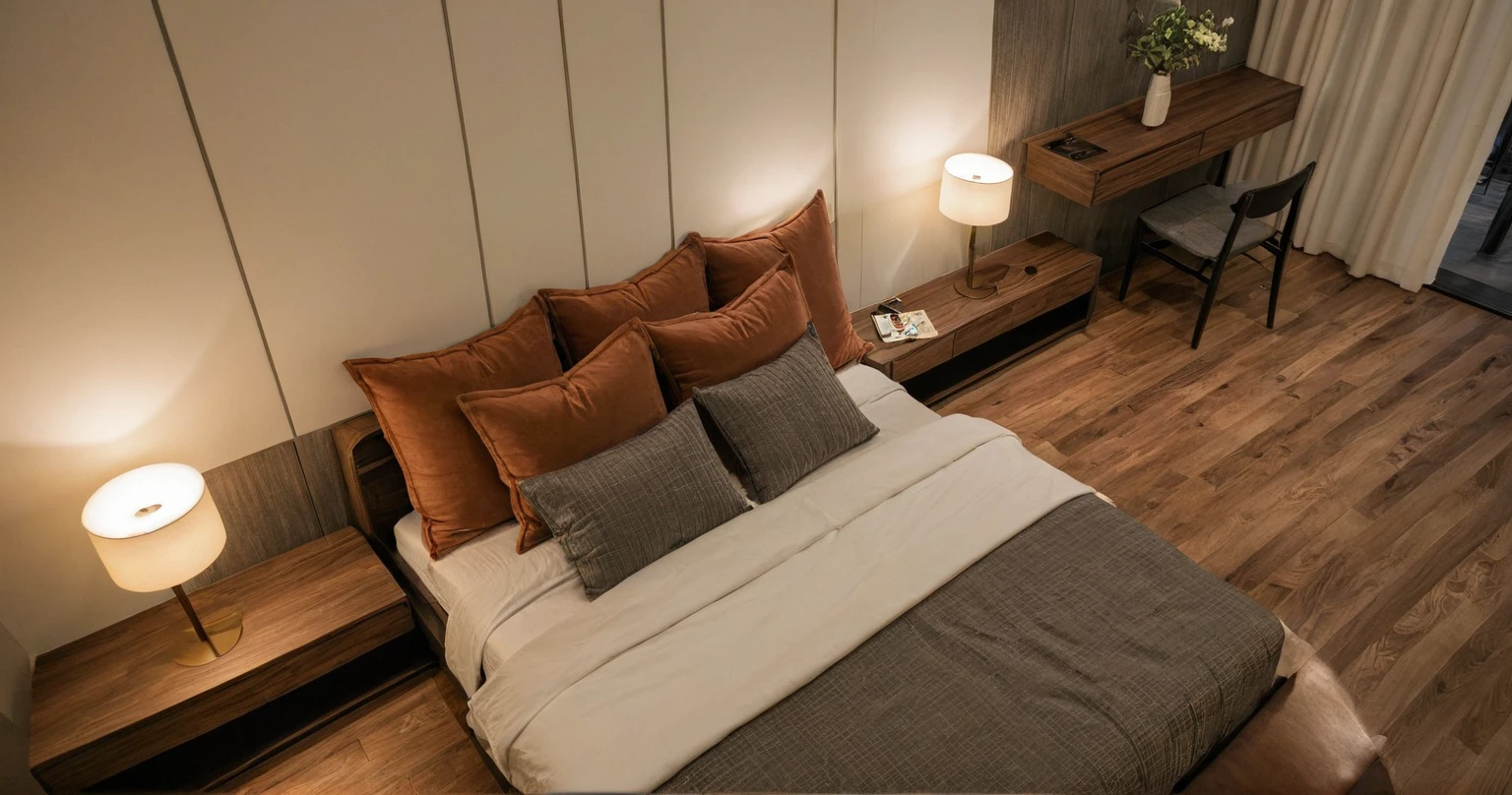 Raw photo,Masterpiece, high quality, best quality, authentic, super detail, interior, indoors, style Indochine modern, minimalist line, aiaigroup , wooden, walnut veneer wood, led light, white paint wall, sofa, BED RooM, day light, atrium