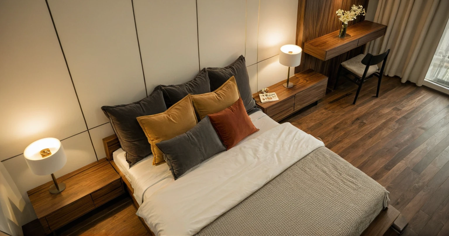 Raw photo,Masterpiece, high quality, best quality, authentic, super detail, interior, indoors, style Indochine modern, minimalist line, aiaigroup , wooden, walnut veneer wood, led light, white paint wall, sofa, BED RooM, day light, atrium