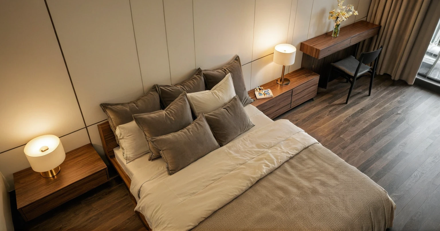Raw photo,Masterpiece, high quality, best quality, authentic, super detail, interior, indoors, style Indochine modern, minimalist line, aiaigroup , wooden, walnut veneer wood, led light, white paint wall, sofa, BED RooM, day light, atrium