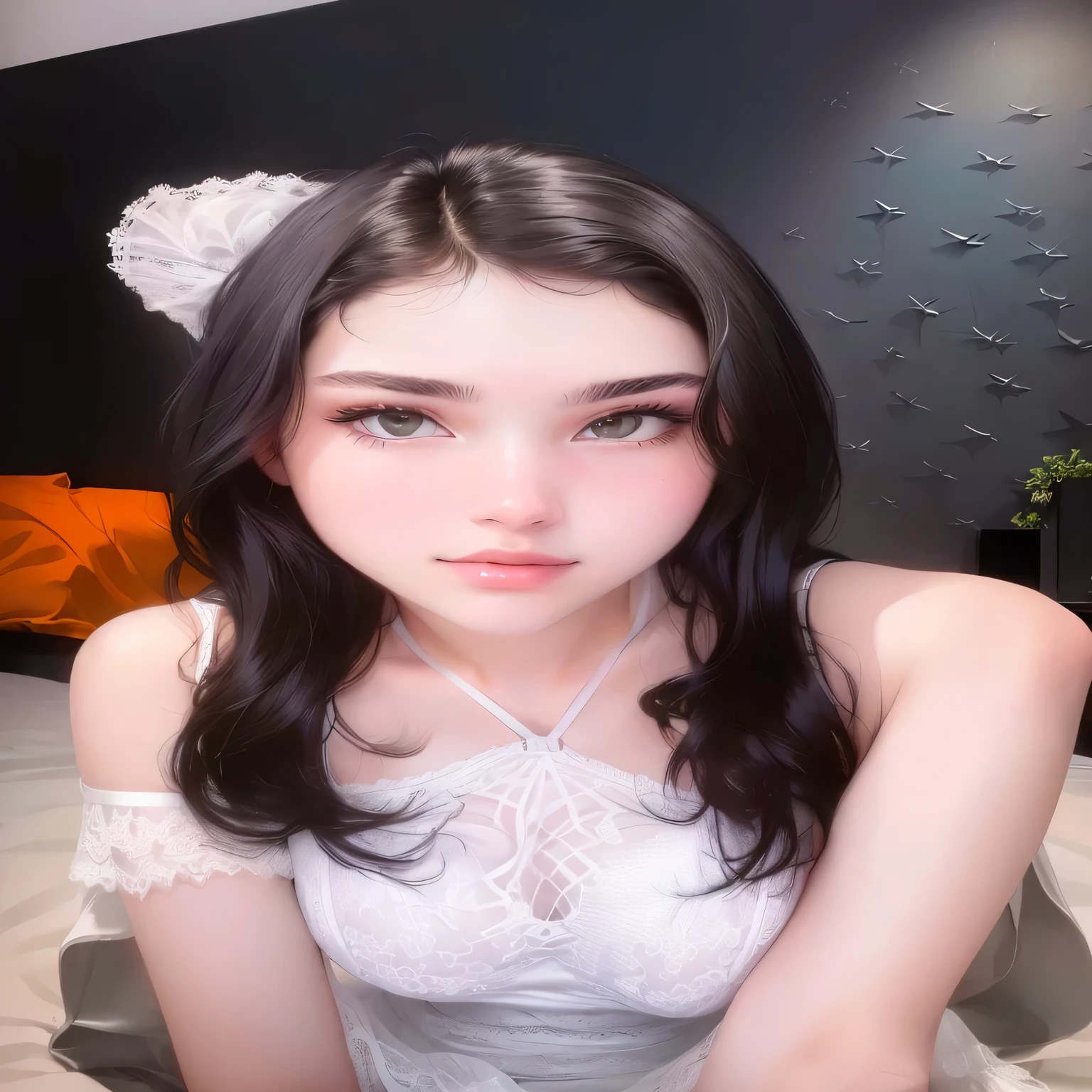 Realistic image of a age girl, meduim size breast, black hair, soft white skin, wearing white lingerie outfit.