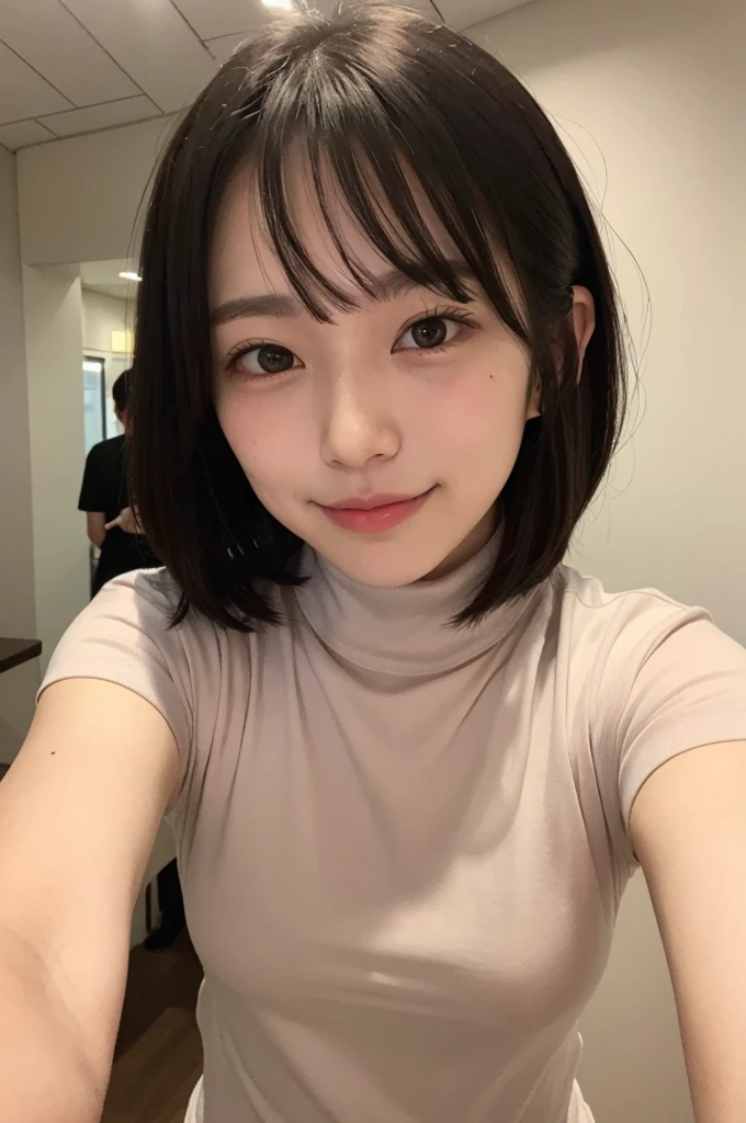 Downtown Tokyo、Short sleeve turtleneck、whole body、Making a peace sign