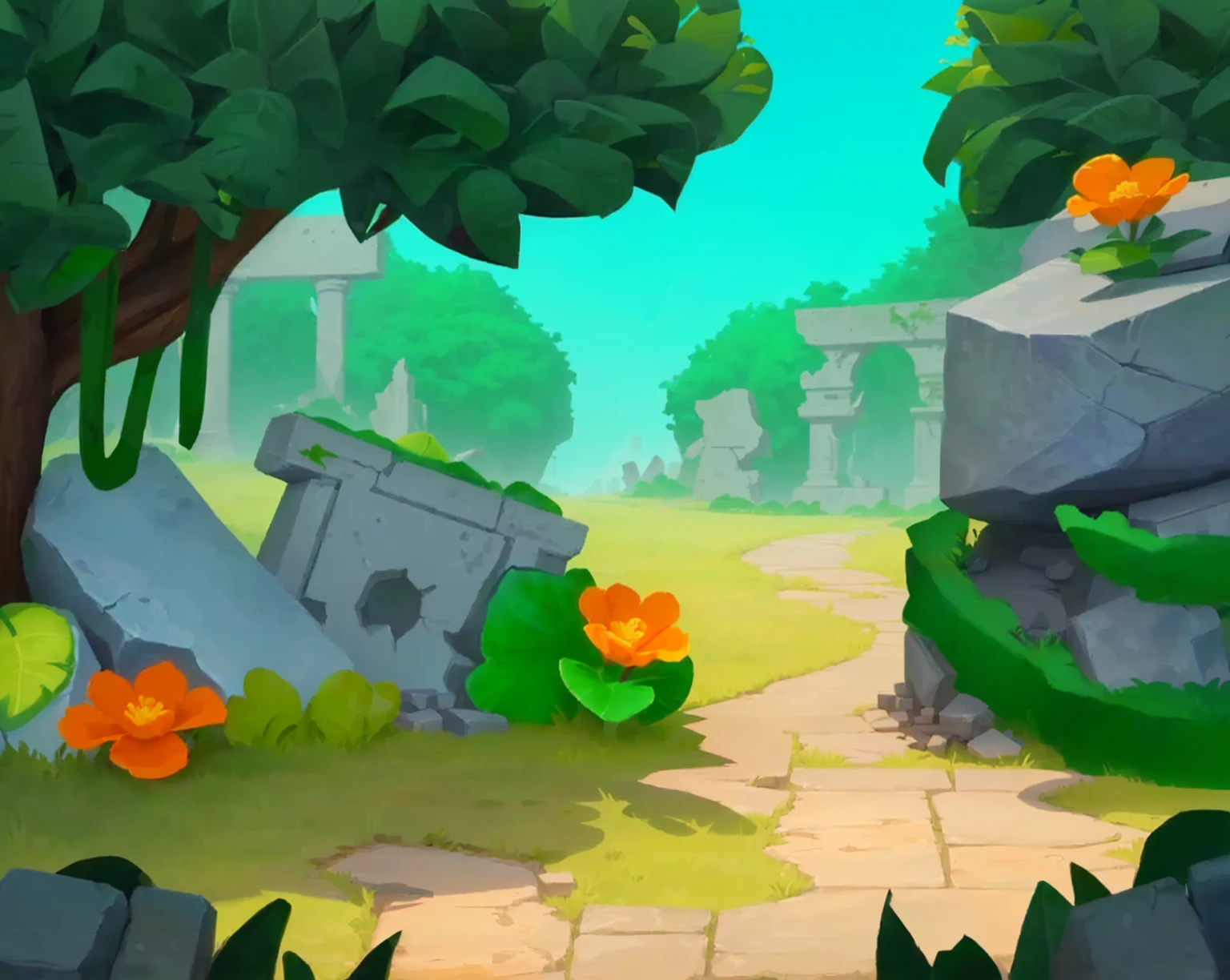 cartoon scene of a stone path with flowers and trees, ancient ruins background, jungle background with ruins, background art, background artwork, mobile game background, odin's stone arena background, stylized game art, 2 d game art background, city ruins background, arena background, background is the ruins, stylized concept art, mobile game art, ruins, 2 d game environment design