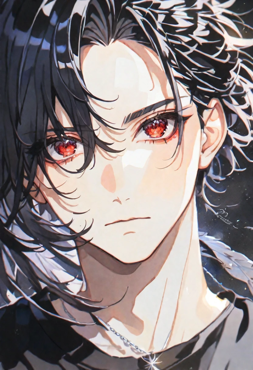 Solo,handsome,Watercolor,
delicate,4K,
1. male,

black hair and half White hair, ponytail,
red eyes,
black angel's feather, 
a black oversized T-shirt,
silver necklace,
improvement of face, front, sparkle,Face up,
black background