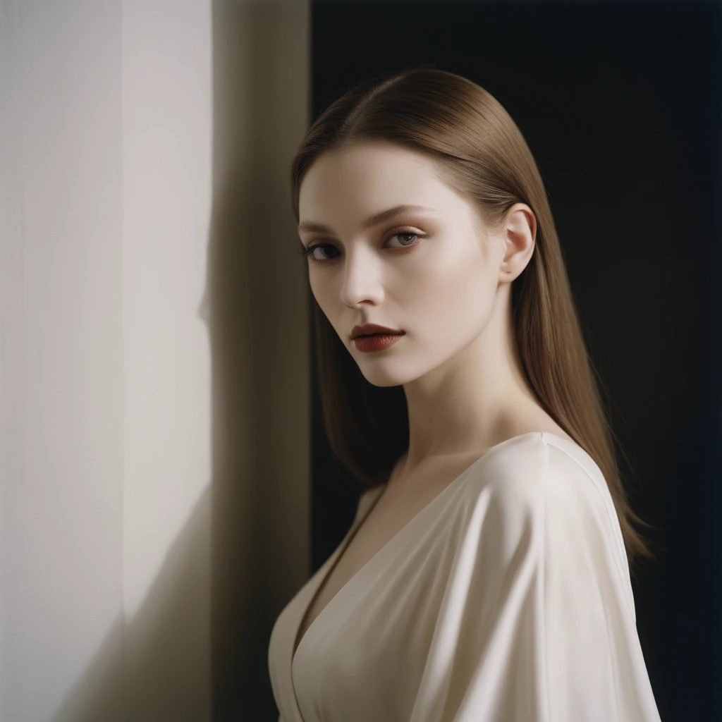 Photograph by Serge Lutens (1.8), pale skin, ((evil slavic woman)), long dark blond hair, in profile, wide angle dim atmosphere, dark atmosphere, stunning, modern, dark, clean, artsy indoor surrounding, casting a dreamlike atmosphere eyes reflect some light, Shiseido-style Vogue-Style 1990s style and setting Various gentle half body poses and angles Consistent facial and body features Photorealistic and highly detailed Artistic and evocative High-quality finish Ensuring vibrant, detailed features Technical details: wide angle lens Selective focus with Kodak film effect: 1.2 Shallow depths of field