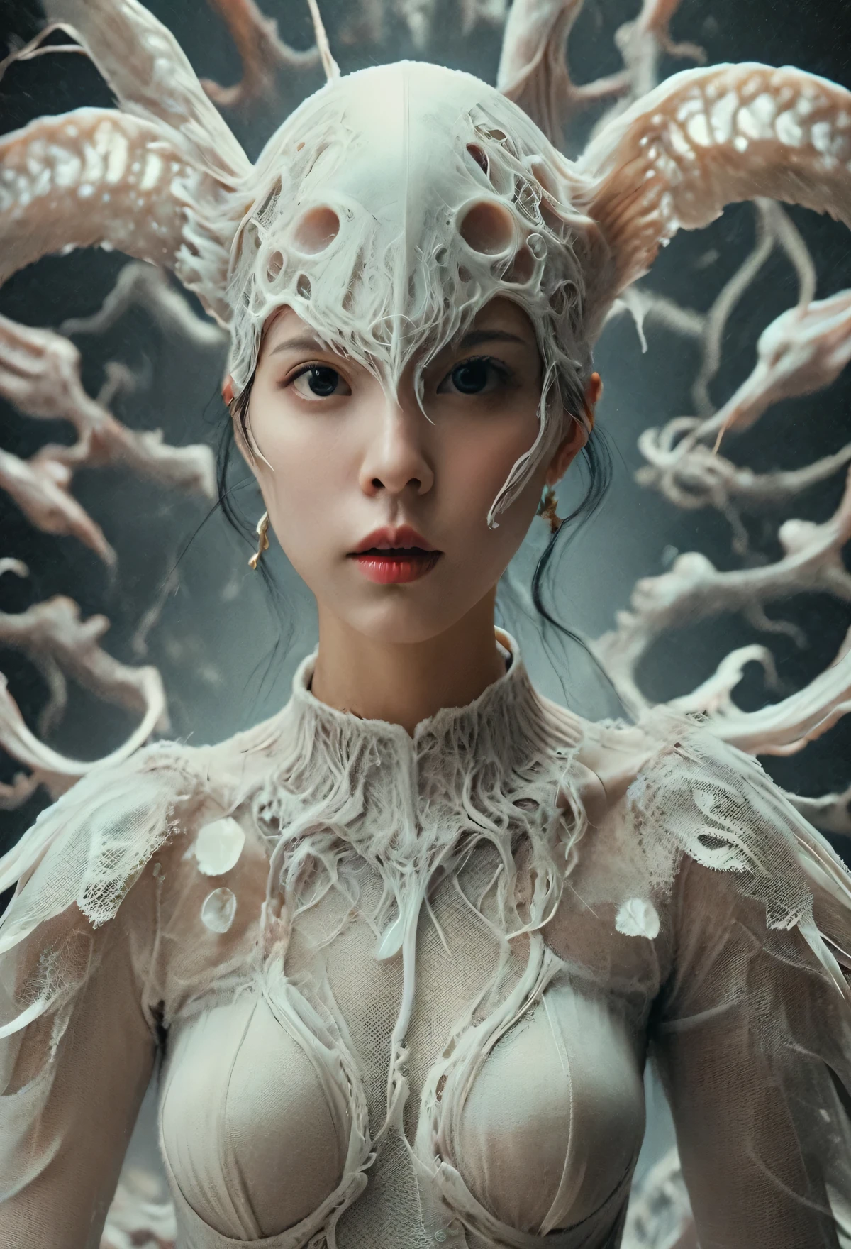 Shocking visual art, a new interpretation of pop art, a strange and disturbing atmosphere, a breathless force, a close up of a person wearing a hat, digital art inspired by Hedi Xandt, trending on cgsociety, digital art, karol bak uhd, cyberpunk high fashion, futuristic and ethereal