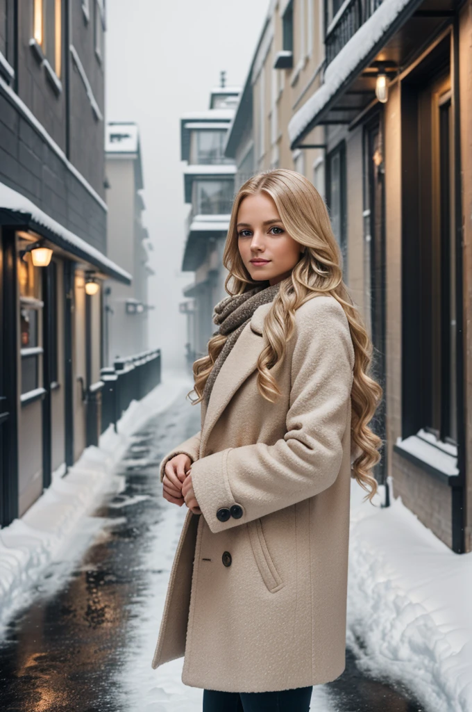 professional portrait photograph of a gorgeous Norwegian girl in winter clothing with long wavy blonde hair, sultry flirty look, gorgeous symmetrical face, cute natural makeup, wearing elegant warm winter fashion clothing, ((standing outside in snowy city street)), stunning modern urban environment, ultra realistic, concept art, elegant, highly detailed, intricate, sharp focus, depth of field, f/1. 8, 85mm, medium shot, mid shot, (((professionally color graded))), bright soft diffused light, (volumetric fog), trending on instagram, hdr 4k, 8k