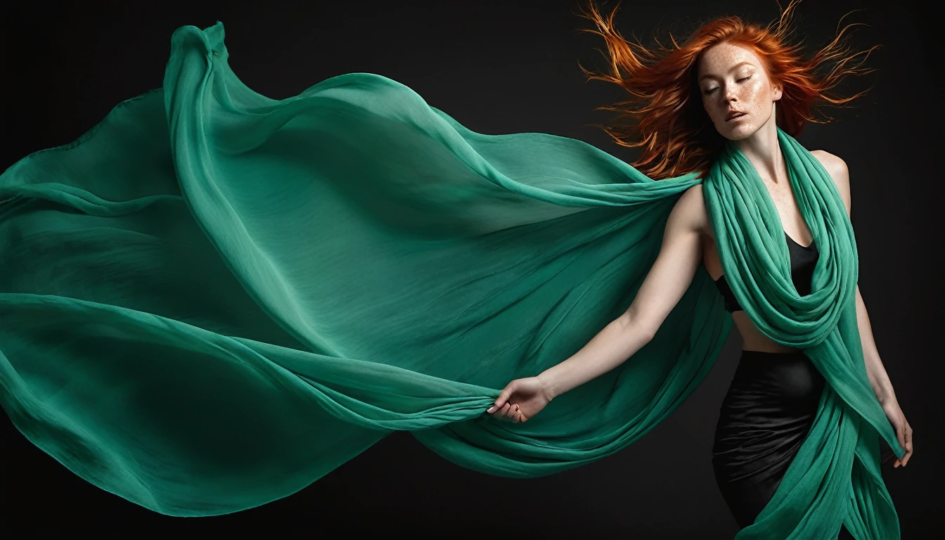 full body shot. Vibrant monochrome studio photograph featuring a slender Irish woman with a scattering of delicate, golden freckles across her skin, draped in sea-green flowing silk scarves, dancing with unrestrained energy and freedom, as if caught in a whirlwind of movement. The image exudes high realism, with every fold and ripple of the fabric, every strand of her long, fiery red hair, and every muscle of her athletic physique rendered in precise, minute detail. Against a stark, velvety black background, the scarves shine with a soft, luminescent glow, infusing the overall atmosphere with an ethereal, cinematic quality, redolent of classical Hollywood elegance.
