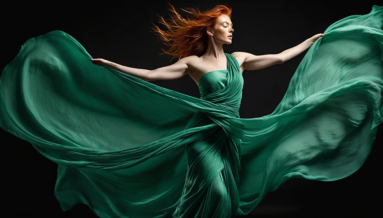 full body shot. Vibrant monochrome studio photograph featuring a slender Irish woman with a scattering of delicate, golden freckles across her skin, draped in sea-green flowing silk scarves, dancing with unrestrained energy and freedom, as if caught in a whirlwind of movement. The image exudes high realism, with every fold and ripple of the fabric, every strand of her long, fiery red hair, and every muscle of her athletic physique rendered in precise, minute detail. Against a stark, velvety black background, the scarves shine with a soft, luminescent glow, infusing the overall atmosphere with an ethereal, cinematic quality, redolent of classical Hollywood elegance.