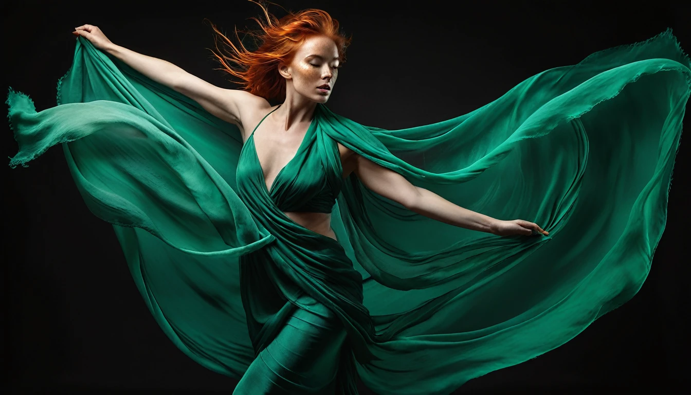 full body shot. Vibrant monochrome studio photograph featuring a slender Irish woman with a scattering of delicate, golden freckles across her skin, draped in sea-green flowing silk scarves, dancing with unrestrained energy and freedom, as if caught in a whirlwind of movement. The image exudes high realism, with every fold and ripple of the fabric, every strand of her long, fiery red hair, and every muscle of her athletic physique rendered in precise, minute detail. Against a stark, velvety black background, the scarves shine with a soft, luminescent glow, infusing the overall atmosphere with an ethereal, cinematic quality, redolent of classical Hollywood elegance.