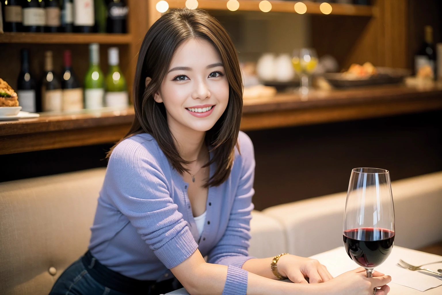 Exquisite, masterpiece, beautiful details, colorful, delicate details, delicate lips, intricate details, large breasts, 1 female, (a beautiful 20-year-old cute Korean woman: 1.1), (kpop idol, Korean mixed), (50mm Sigma f/1.4 ZEISS lens, F1.4, 1/800s, ISO 100, photograpy:1.1), (brunetize: 1.2), (photorealistic:1.4 ), (SPY:1.2), (Open Jacket,Shirt, Skirt,Tie,Black Pantyhose,Christian Louboutin\(Brand\),:1.3), Earrings, Necklace, Armbands, (Tavern, Bar:1.2), (Beautiful Legs, High Girl, Skinny, slim_legs, thigh_gap, Model:1.2), Lens flare, viewed from the front, (Happy smile: 1.1), dynamic pose, (makeup: 1.2), sitting on a bar stool,