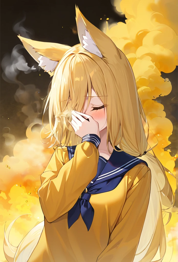 ((blocking the nose)),Bad smell,((Cover your nose)),Yellow smoke,Sailor suit,Blonde,fox ear,fox girl,stinky,