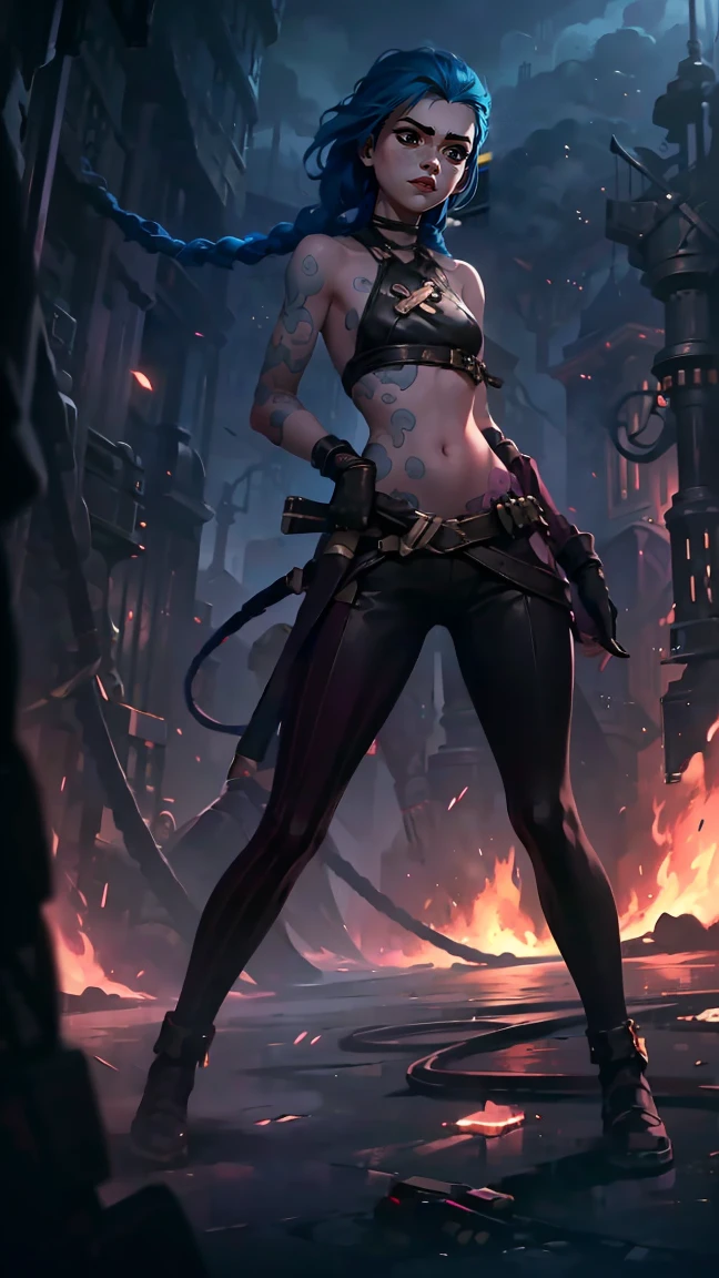 (masterpiece, Best quality), 1 girl, portrait, very sexy, crazy look, smile, crying, pink tears, tears on the cheeks, tears from eyes, full length (full body 1.1.), очень feminine, fighting stance, battle, fire, explosions, burning city, Beautiful waist, gloomy composition, flame, fire, Flash, very beautiful, feminine, long hair, hair braided in long braids, very sexy, tight leather pants, emphasis on the eyes, face accent, Beautiful face, Hands, Hair, Haired ponytail, red purple eyes, Джинкс crying, Blue cloud tattoo, (masterpiece, Best quality), Side lighting, beautiful detailed eyes, crazy face), (Best quality), (masterpiece), magic photography, Spectacular lighting, Photorealism, ultra detailed, интимная portraitная композиция, 1. 4,8 k UHD, aesthetic, Cd., A high resolution, 8 k, better lighting, Best shade, Ultra-HD, A high resolution, sharp focus, Complex background, Cinematic lighting, ((Landscape view)), 4K block, (better lighting), ((Cinematic lighting)),