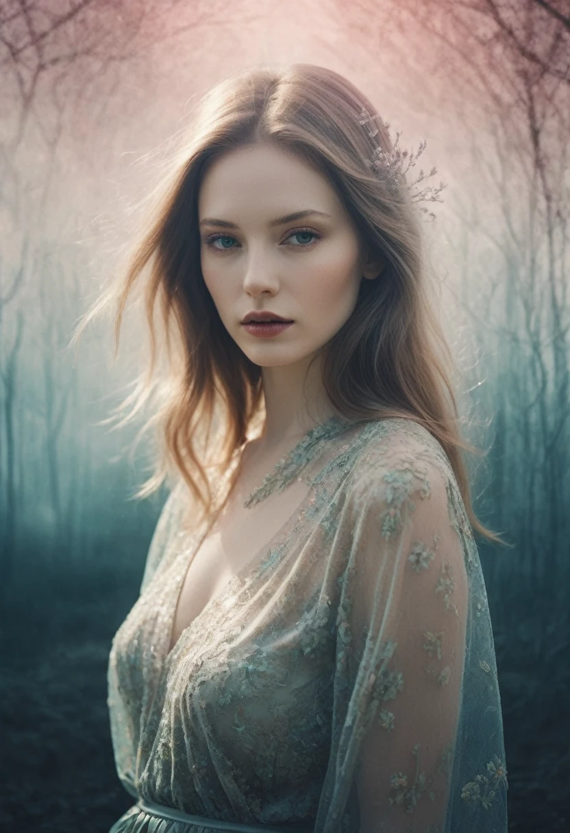 (Double Exposure Photography by Stanley Stellar and Josefa Pla Marco:1.2), award-winning photography, pale skin, evil slavic woman, long dark blond hair, upper body, aesthetic, dazzling atmosphere, atmospheric scattering, perfectly focused, f/22, symmetry and balance, artistic, infrared photography, outstanding details, (opal multi-color and opaque colors:0.1), ((artistic model pose for photo))