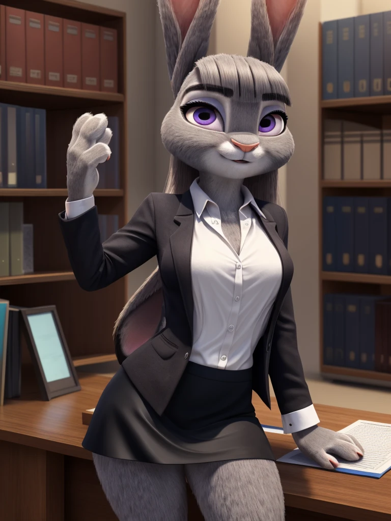 best quality,
masterpiece,
High quality
ultra-detailed
beautiful detailed,
hyper Realistic,
8k , 16k,
3D,
Portrait,
Looking at the audience,
detailed background,
background is an office,
(Face is JudyHopps:1.2),
((long straight hair)),
(see-through bangs:1.3),
beautiful eyes,
bright purple eyes,
(arched eyebrows:1.2),
(uplift eyebrows:1.1),
(rabbit ears:1.1),
office lady is wearing suit,
((White blouse)),
((Black blazer jacket)),
((Black skirt)),
clothes made of cotton,
(body is gray felt:1.3),
human hands,
(solo:1.5),
(1 lady:1.5),
one character only
alone,
Perfect Anatomy