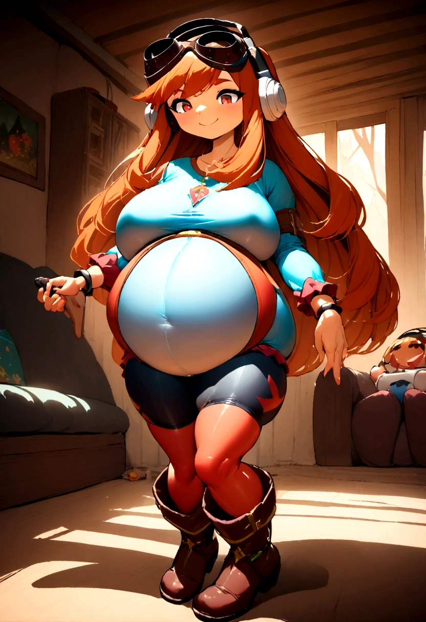 masterpiece, best quality, meggy, headphones, goggles on head, white shirt, layered sleeves, spandex shorts, brown boots, full body, smile, sitting in living room with video game controller, huge breasts, big belly,