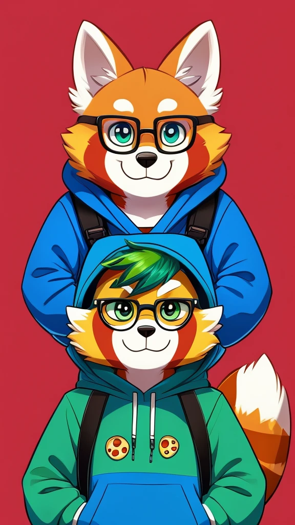 A mischievous and creative male red panda fursona with vibrant yellow fur as the base coat. Blue is used as the secondary color, accentuating the ears, limbs, and tail. Green highlights add depth and character to their features, including their eyes which gleam in a captivating emerald hue. Their face exhibits a playful smile with rosy cheeks. They wear a comfortable hoodie adorned with pizza slice patterns or meme-inspired designs, paired with glasses featuring blue frames. A backpack showcases pins representing favorite cartoons and video games