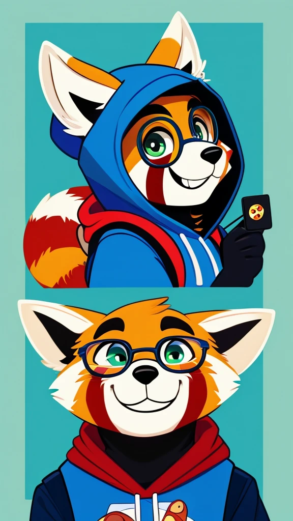 A mischievous and creative male red panda fursona with vibrant yellow fur as the base coat. Blue is used as the secondary color, accentuating the ears, limbs, and tail. Green highlights add depth and character to their features, including their eyes which gleam in a captivating emerald hue. Their face exhibits a playful smile with rosy cheeks. They wear a comfortable hoodie adorned with pizza slice patterns or meme-inspired designs, paired with glasses featuring blue frames. A backpack showcases pins representing favorite cartoons and video games