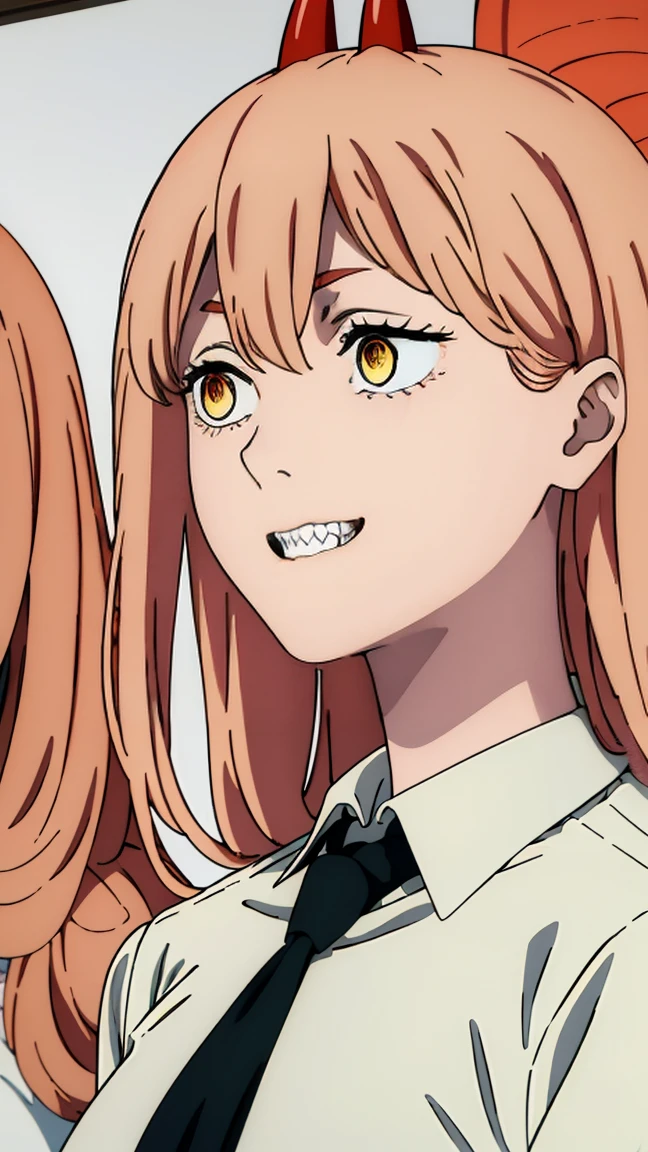 (Best quality), (masterpiece), (only), 1 girl, Maybe_XM, peach hair, yellow eyes, cross-shaped pupils, pupils in the form of symbols, red horns, white button up shirt, black tie, sharp teeth, smile, long hair, whole body
