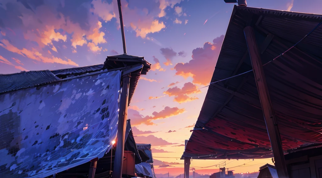 under the market tetns, under the canopies, dawn sky, early morning,