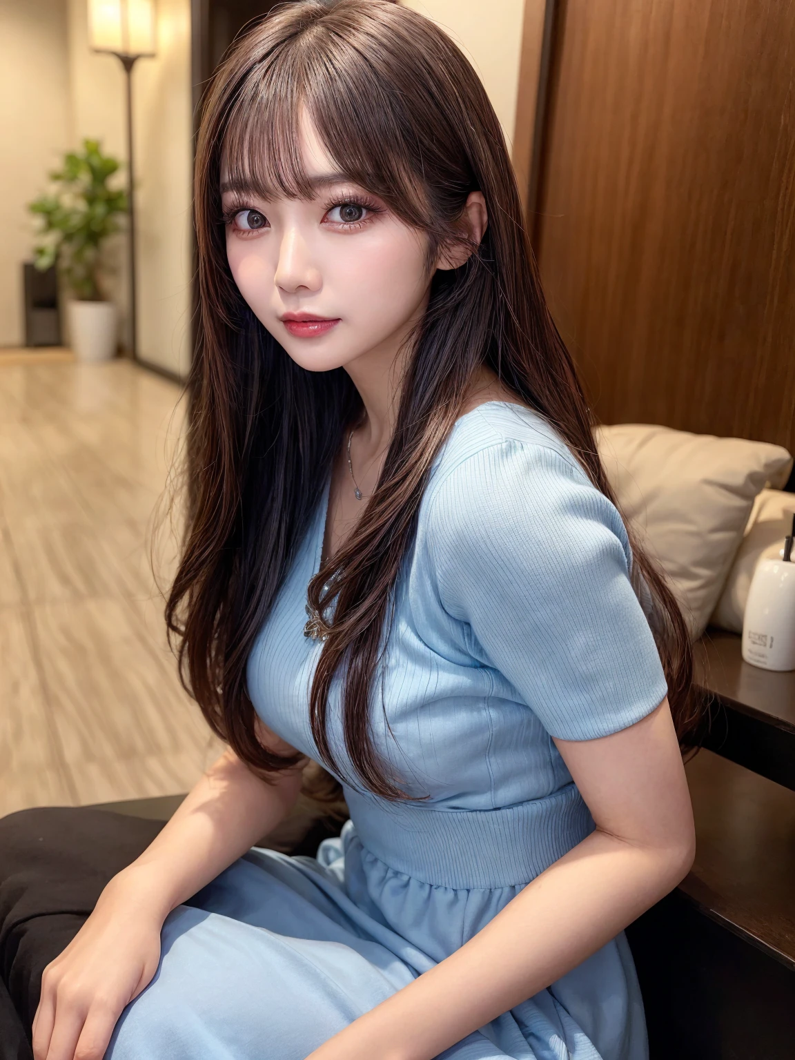 A woman in her fifties with long hair and a blue dress poses for a photo, Sexy face with full makeup, Popular Korean makeup, Popular Korean makeup, Gorgeous Young Korean Woman, Beautiful Korean Women, Korean Girls, sakimichan, Portrait of a Japanese Gal, Beautiful young Korean woman, Beautiful Asian Girl, Long haired asian girl, Beautiful Japanese girl face