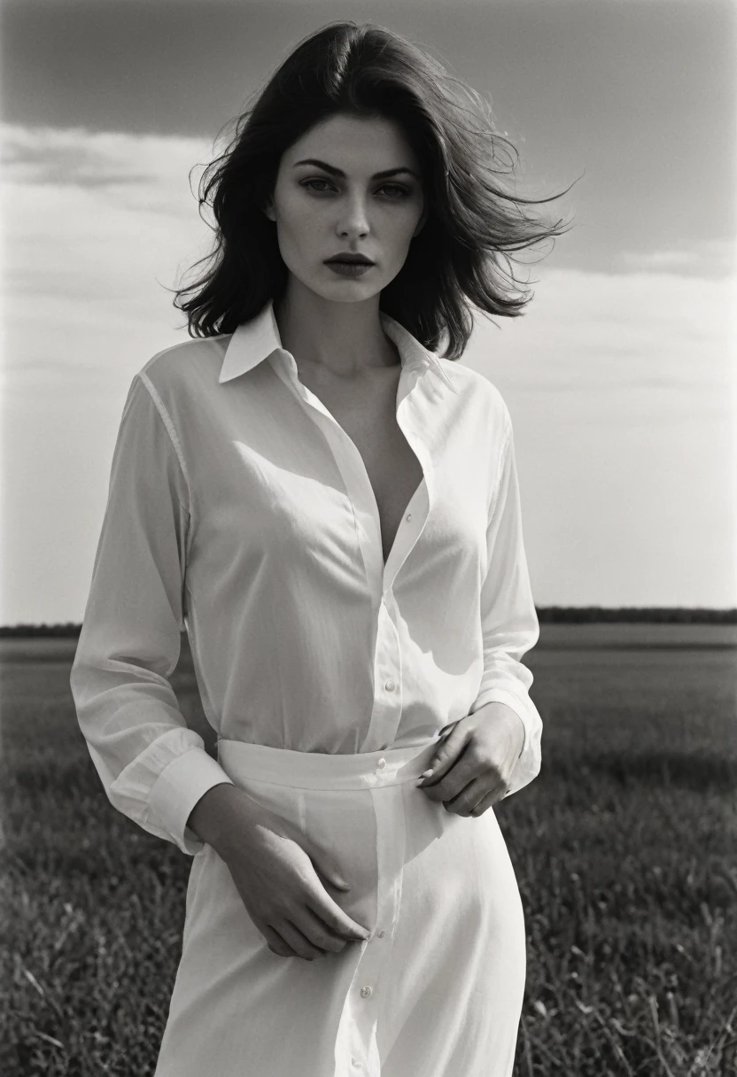 (dark mood masterpiece Photography by Mario Giacomelli:1.2), evil slavic woman, pale skin, long dark blond hair, Stunning b&w 35mm full body photo of a beautiful (woman like [Ava Lavinia Gardner:russian girl:0.6]), Blunt Cut Haircut. perfecteyes, dark circles under eyes, highly detailed skin, (lightest freckles:0.9), little_belly. standing in a casual pose with her hands on her nipples. braless. wearing (wide-open:1.34) white_silk_shirt which do not cover her bare breast. unbuttoned shirt. (nipslip:1.4). perfect areola. open shirt. nipples. open shirt. visible round . . perfect small breasts. nipples. hard nipples. a loose-fitting oversized men's unbuttoned shirt, open white business shirt. intricate poses by ruth bernhard. (Photography and style by ruth bernhard). 35mm, Hasselblad. capturing fashion-forward visuals, creating visual impact,evoking emotion,pushing creative boundaries. golden hour, shot from the side, playful pose, god rays,artistic photoshoot, NSFW