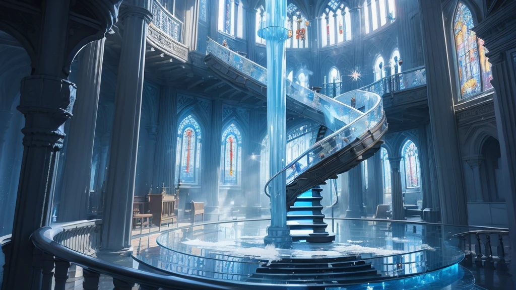 (((Different world interior scene,Spiral staircase))),Frozen,Blue flag,shrine,beauty,Spectacular,majesty,luxurious,Ice cubes,Crystal clear,Glass,transparent,Light,warmth,church