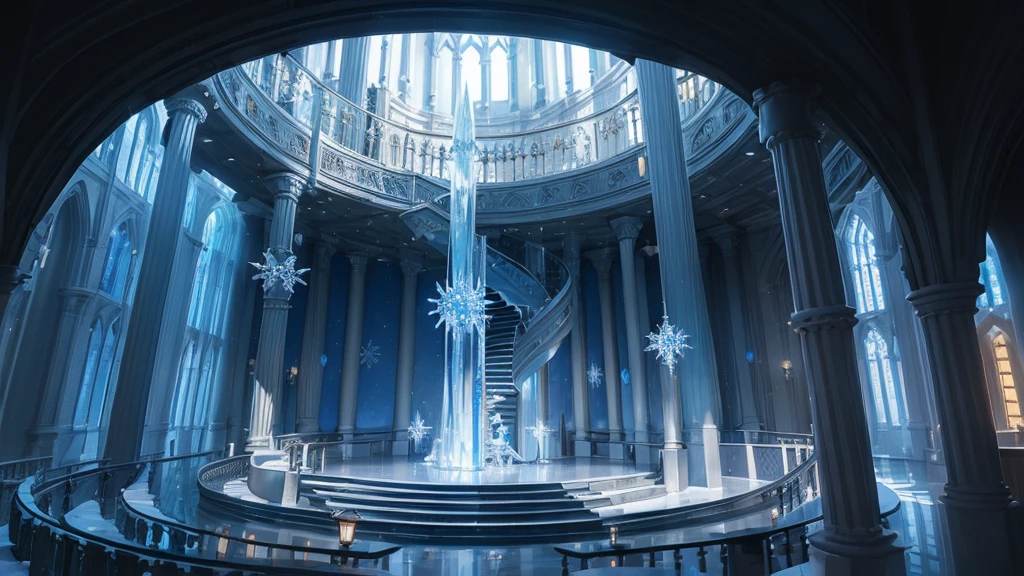 (((Different world interior scene,Spiral staircase))),Frozen,Blue flag,shrine,beauty,Spectacular,majesty,luxurious,Ice cubes,Crystal clear,Glass,transparent,Light,warmth,church