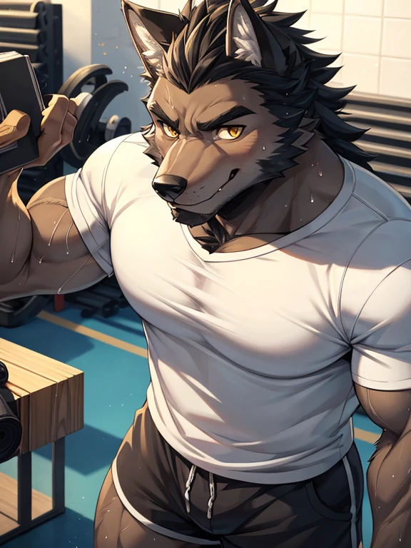 ((trending on E621, trending on Furaffinity digital media, trending on Artstation, trending on twitter , digital painting, digital media, digital paint, digital illustration, (masterpiece))) (((((2D_art))))),(((((((by_bigdad))))))), by takemoto arash, by_kuroma ,((((by_drks)))), by_ashendawger, by_kardie , BREAK ((((solo:1.3,Full body)))) ((((((anthro, anthrofield, (grey wolf)))))) | break | handsomeface,((((((elderlyface)))))), age_up_face , (((wildface)))))))), ((((((((charming)))))))) BREAK ((((((hyper_muscles:1.3)))))), (((detailed eyes,blue eyes))) | (((gray fur | finger claw | )))) | (((((((( gray hair | black eyebrow | short hair | black goatee hair | spiky_black_Ear_piercing))))))))) | BREAK (((((thick eyebrows))))) )) BREAK (((perfect face))) ,there is a man that is sitting down with a dumb machine, in a gym, working out, showing off biceps, asian male, ripped, flexing, wearing a low cut tanktop