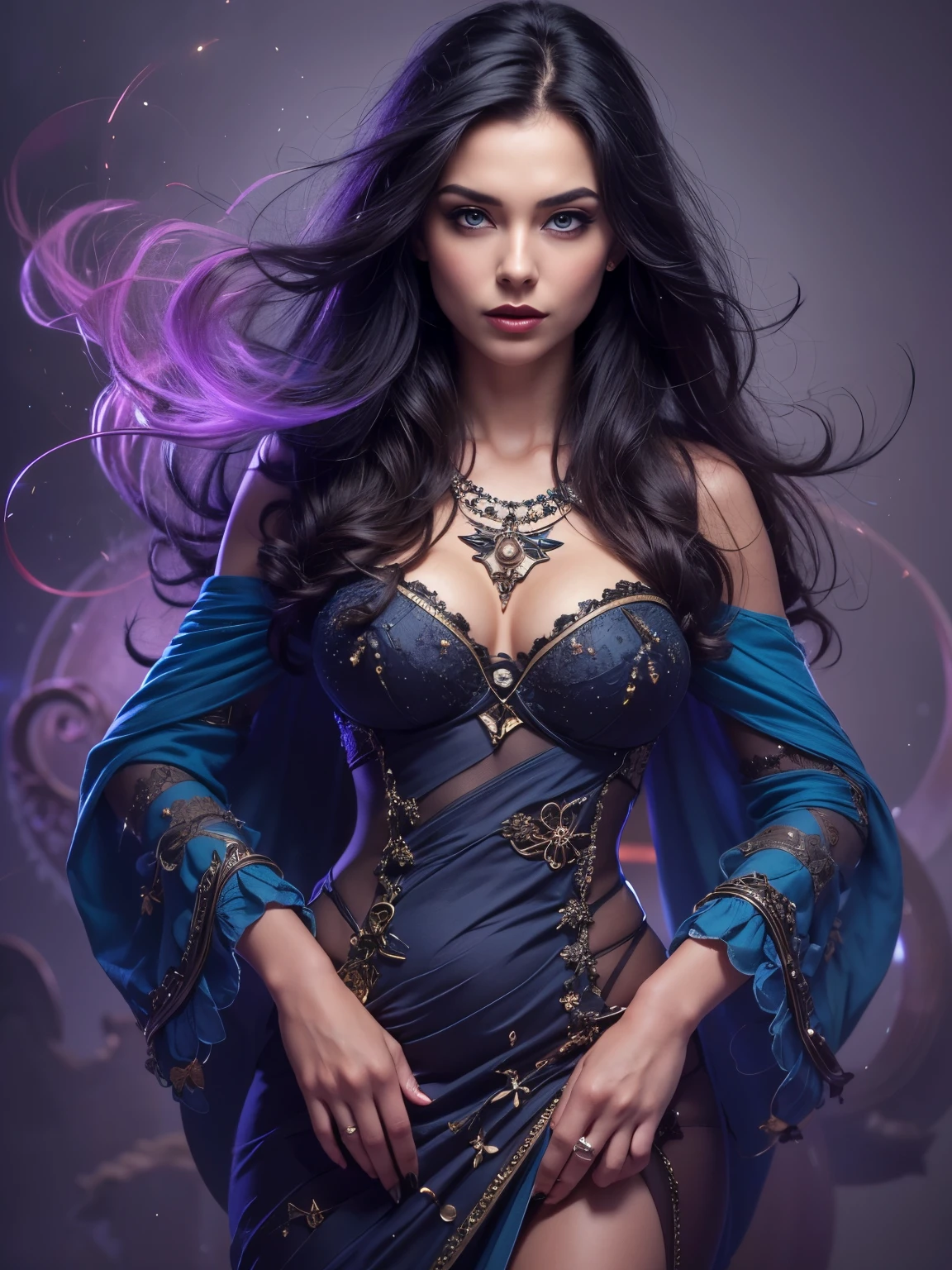 1 ultra hot gorgeous European woman. Age 23., close up, beautifully evil model, sophisticated sorceress, powerful goddess, super villainess, hourglass figure, purple dress, symmetrical, highly detailed face, long flowing black hair, mesmerizing blue eyes, lush red lips, coy smile, enticing, alluring, facing viewer, looking at viewer, blue smoke swirls around her, real, high detail, best quality