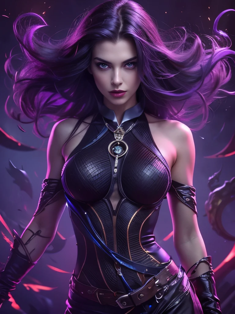 1girl, close up, beautifully evil model, sophisticated sorceress, powerful enchantress, super villainess, hourglass figure, red dress, symmetrical, highly detailed face, long flowing purple hair, mesmerizing blue eyes, lush red lips, coy smile, enticing, alluring, facing viewer, looking at viewer, blue smoke swirls around her, real, high detail, best quality
