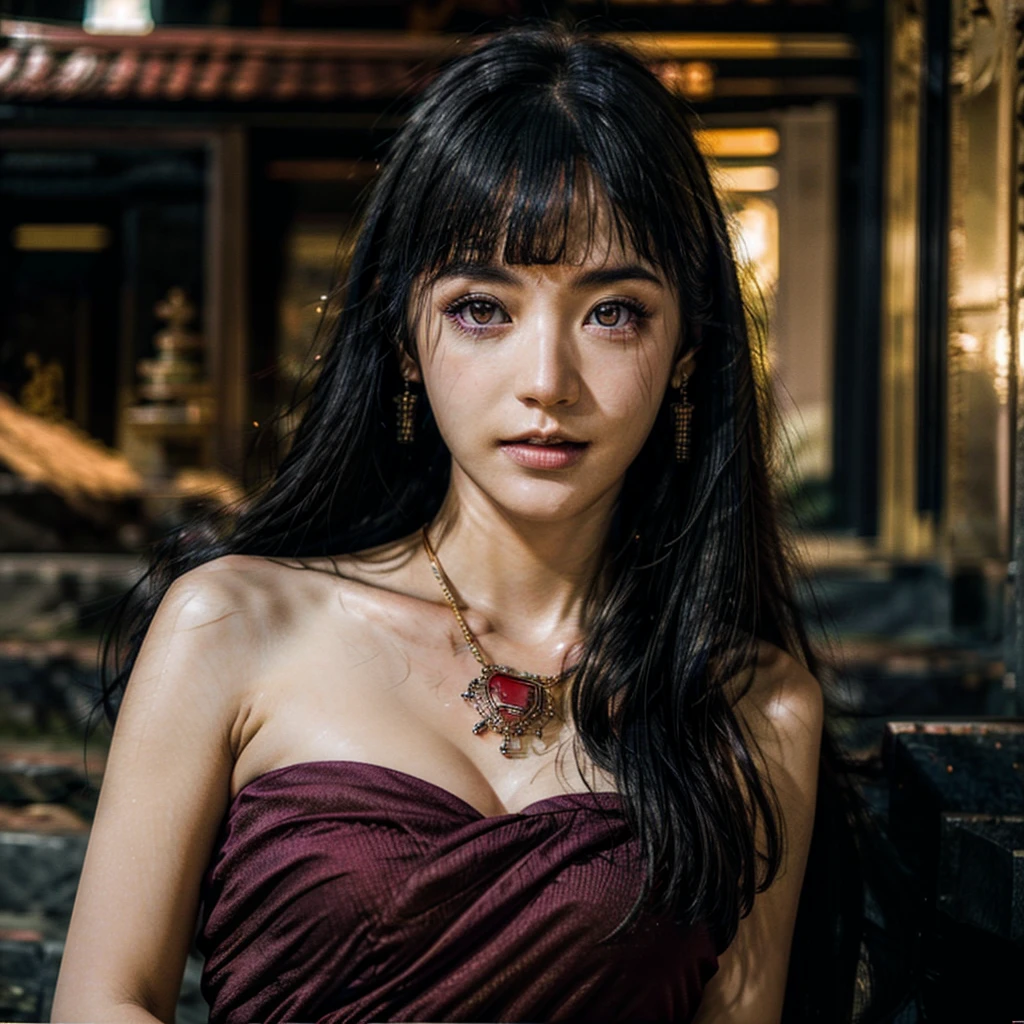 detailed face, detailed eyes, shiny skin, (extremely detailed 8k wallpaper),(8k, RAW photo, HDR, absurdres:1.2,best quality, masterpiece:1.2), (realistic, photo-realistic:1.37),best quality, realistic, photorealistic,ultra detailed,extremely detailed face,BRIGHT LIGHT,ultrawide shot, 8k uhd, dslr, soft lighting, high quality, film grain, Fujifilm XT3 tradition gold body strap, red sabai dress, thai traditional necklace, thai traditional bracelets, thai traditional belt, thai traditional earring, strapless thai traditional dress, temple,indoor,Statue of Buddha, ((blunt bangs)), dark blue hair, purple eyes, long hair, detailed face, ((1 girl))