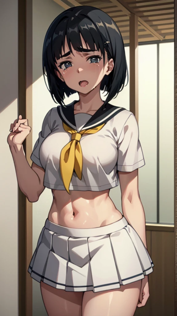 4K,master piece,anime,1 female,Suguha Kirigaya,((black short hair,short sleeved white sailor suit,croptop,sagging lowrise micro pleated skirt)),lean body,big breasts