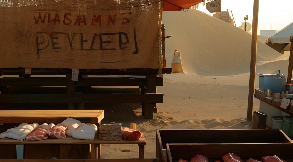 traditional market, market stall, (market tens), (they sell human flesh, chopped hand and feet, human meats), sellwooden box, wooden table, (sand ground, sand hill behind the stall), dawn time, dark morning,