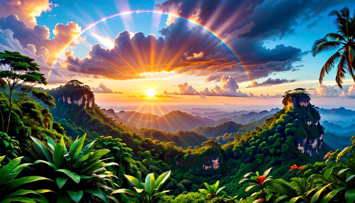 ((masterpiece)), ((best quality)), ((Extremely detailed)), (Astonishing:1.1), beautiful, nature, sky and ground, (Sunrise Time), Line Cloud,Rays of light coming from the clouds, Located in a remote jungle, Award-winning photos, BLN-L24, touch,High contrast,Low saturation,High saturation 8k 3D, F2.8 Lenses, Aerial View,