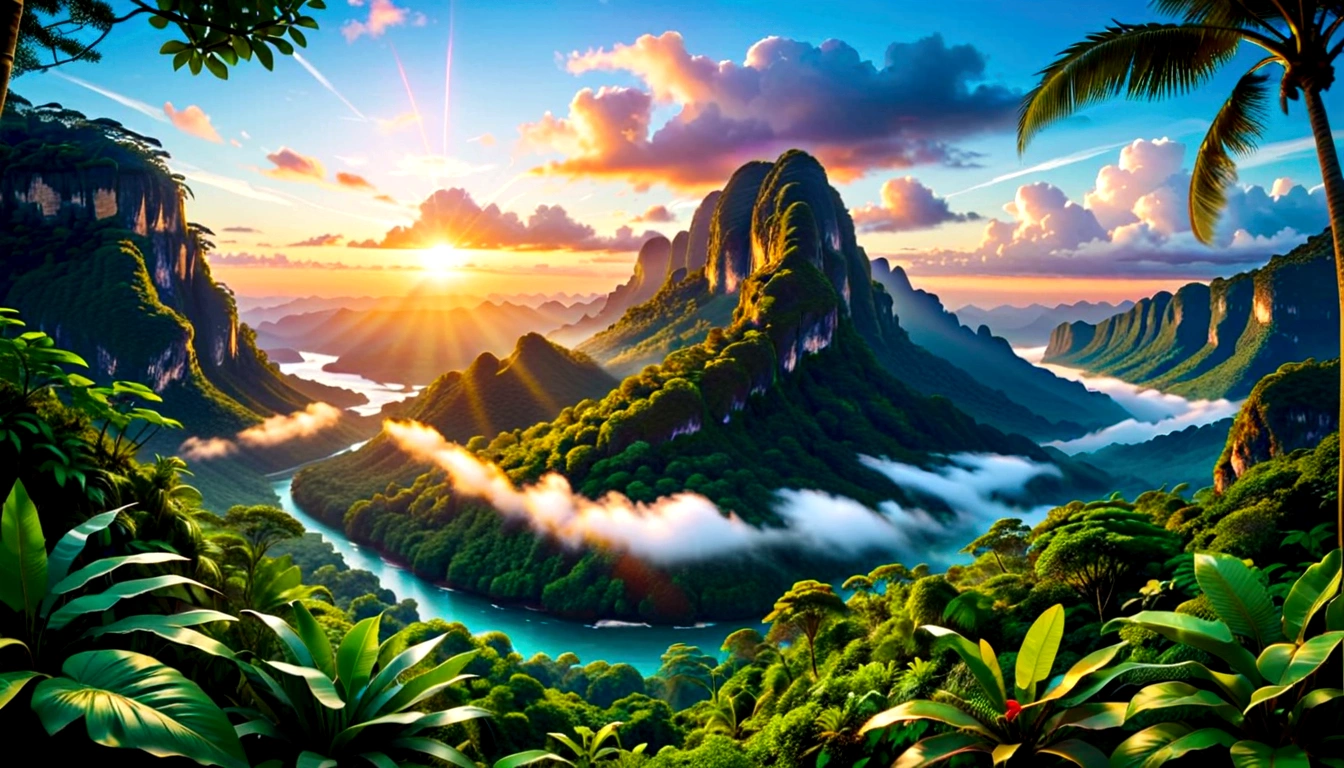 ((masterpiece)), ((best quality)), ((Extremely detailed)), (Astonishing:1.1), beautiful, nature, sky and ground, (Sunrise Time), Line Cloud,Rays of light coming from the clouds, Located in a remote jungle, Award-winning photos, BLN-L24, touch,High contrast,Low saturation,High saturation 8k 3D, F2.8 Lenses, Aerial View,