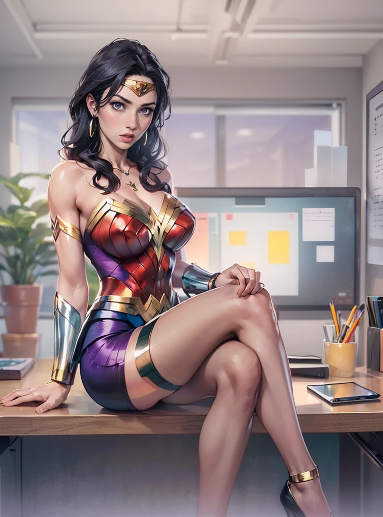 ((solo, Wonder woman, (GAL GADOT, dark purple eyes, black hair, long hair), High Definition,lipstick, Extremely detailed, ambient soft lighting, 8K, perfect eyes, a perfect face, perfect lighting, a 1girl)), ((solo, (1woman, lipstick), Extremely detailed, ambient soft lighting, 4K, perfect eyes, a perfect face, perfect lighting, a 1girl)), , ((fitness,, shapely body, athletic body, toned body)), ((wonder woman uniform suit, pencil skirt, high heels, white dress shirt, office, sofa, desk, gold jewelry, emerald earrings, bracelets, executive woman, emerald necklace, purple belt))