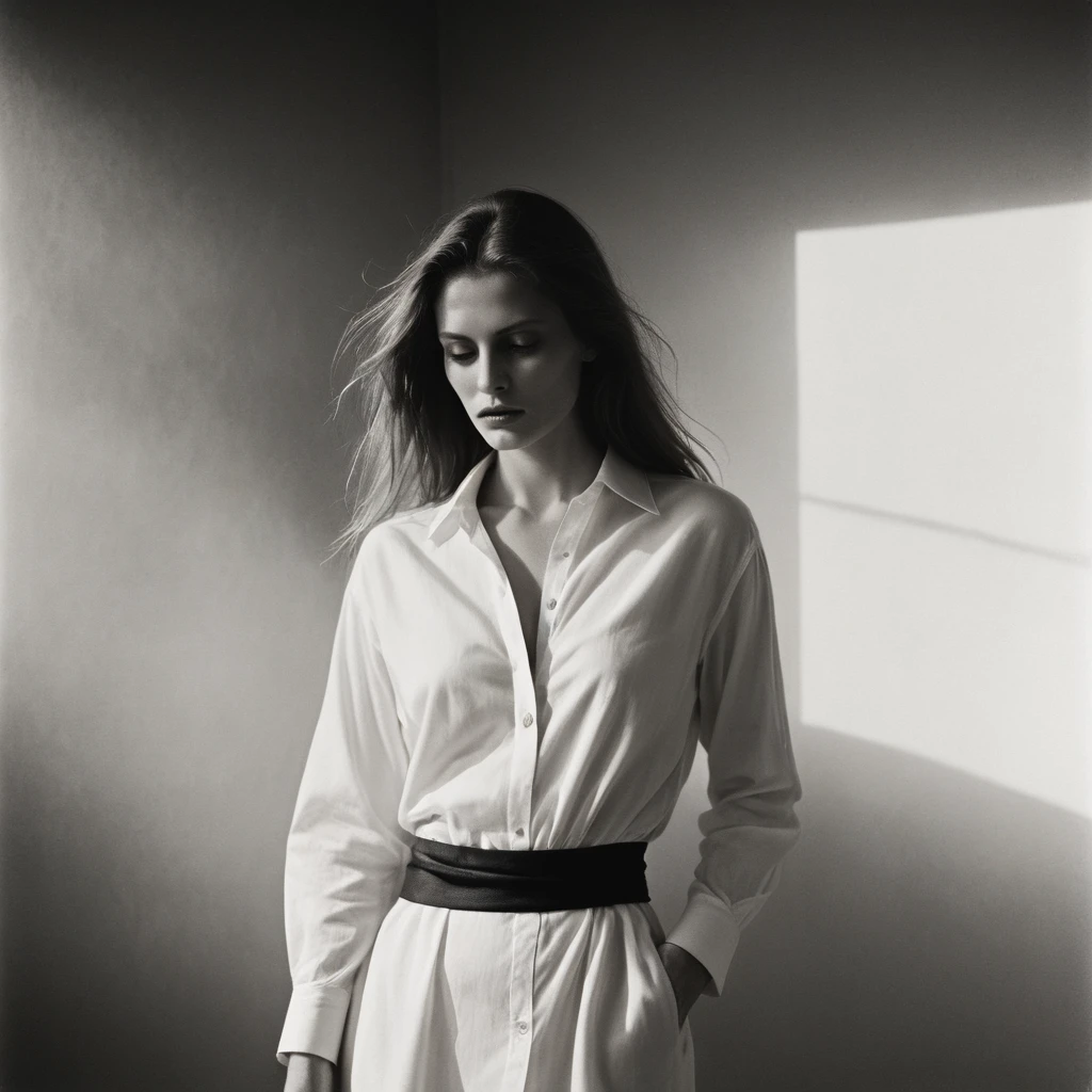 (dark mood masterpiece Photography by Mario Giacomelli:1.2), evil slavic woman, pale skin, long dark blond hair, Stunning b&w 35mm full body photo of a beautiful, perfecteyes, dark circles under eyes, highly detailed skin, (lightest freckles:0.9), standing in a casual pose with her hands on her nipples. wearing (wide-open:1.34) white_silk_shirt. unbuttoned shirt. (nipslip:1.4). a loose-fitting oversized men's unbuttoned shirt, open white business shirt. intricate poses by ruth bernhard. (Photography and style by ruth bernhard). 35mm, Hasselblad. capturing fashion-forward visuals, creating visual impact,evoking emotion,pushing creative boundaries. golden hour, shot from the side, playful pose, god rays,artistic photoshoot