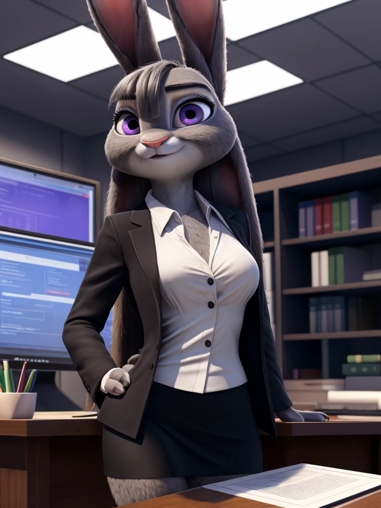 best quality,
masterpiece,
High quality
ultra-detailed
beautiful detailed,
hyper Realistic,
8k , 16k,
3D,
Portrait,
Looking at the audience,
detailed background,
background is an office,

(Face is JudyHopps:1.2),
((long straight hair)),
(see-through bangs:1.1),
westy bangs,
beautiful eyes,
bright purple eyes,
(arched eyebrows:1.2),
(uplift eyebrows:1.1),
(rabbit ears:1.1),

office lady is wearing suit,
((White blouse)),
((Black blazer jacket)),
((Black skirt)),
clothes made of cotton,

(body is gray felt:1.3),
human hands,

(solo:1.5),
(1 lady:1.5),
one character only
alone,
Perfect Anatomy