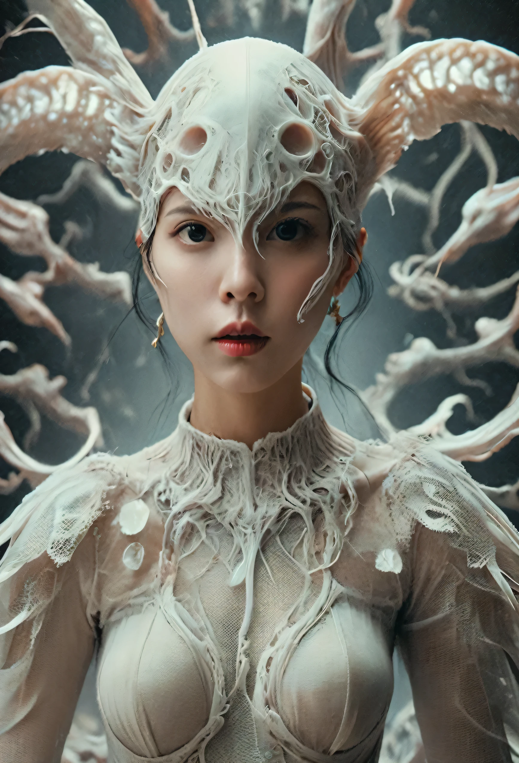 Shocking visual art, a new interpretation of pop art, a strange and disturbing atmosphere, a breathless force, a close up of a person wearing a hat, digital art inspired by Hedi Xandt, trending on cgsociety, digital art, karol bak uhd, cyberpunk high fashion, futuristic and ethereal