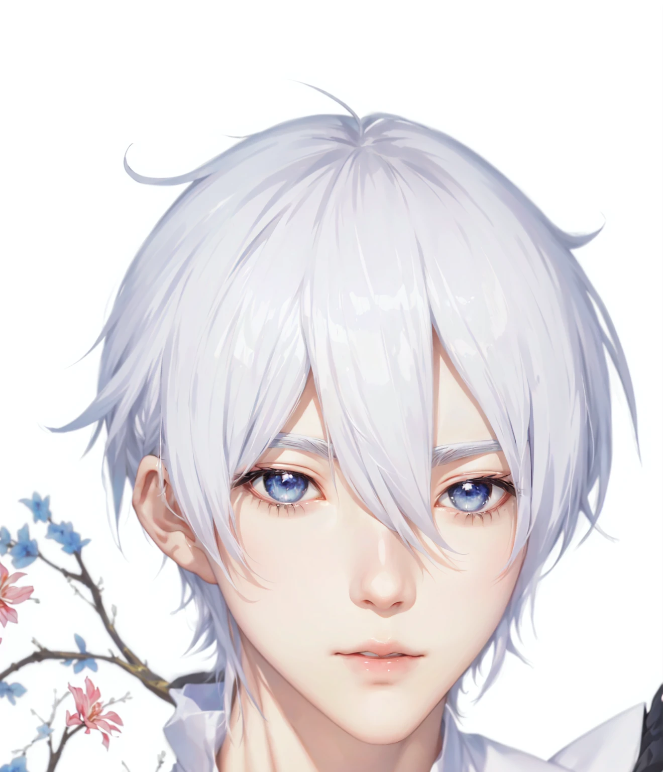 拿着麦克风的White hair蓝眼动漫男孩, White hair deity, White hair, White fox, White hair, Goto Koharu, male anime character, Sakimichan, His comic portrait, Hajime Yatate, Silver Hair, Delicate hermaphroditic prince, Thancred Waters, Yoshinari Night