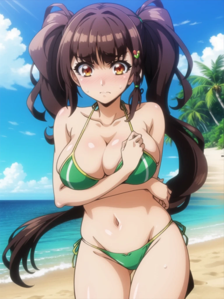 masterpiece, Highest quality, Raphael, Twin tails, Beach, Embarrassing, Feeling embarrassed, cowboy shot, green micro bikini, Looking at me, (large breasts),