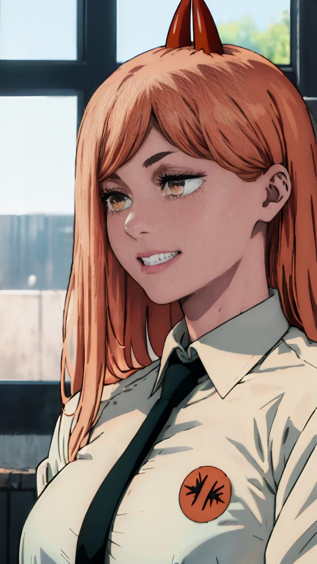 (Best quality), (masterpiece), (only), 1 girl, Maybe_XM, peach hair, yellow eyes, cross-shaped pupils, pupils in the form of symbols, red horns, white button up shirt, black tie, sharp teeth, smile, long hair, whole body