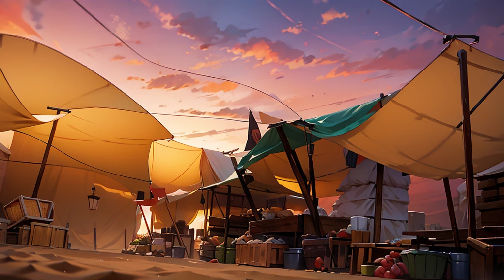 traditional market, (market tents), canopies, butchery, wooden boxes, wooden basket, strings, sand ground, dawn sky, dark morning, low angle,