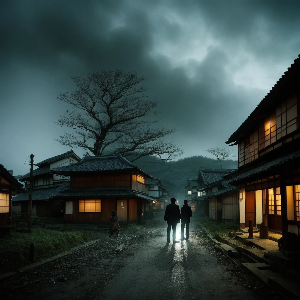 Villagers searching for their missing lord, engulfed in fear and anxiety. The village is depicted with mysterious occurrences happening around, adding to the eerie atmosphere.Lots of villagers、Japan