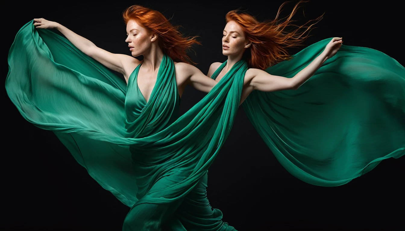 full body shot. Vibrant monochrome studio photograph featuring a slender Irish woman with a scattering of delicate, golden freckles across her skin, draped in sea-green flowing silk scarves, dancing with unrestrained energy and freedom, as if caught in a whirlwind of movement. The image exudes high realism, with every fold and ripple of the fabric, every strand of her long, fiery red hair, and every muscle of her athletic physique rendered in precise, minute detail. Against a stark, velvety black background, the scarves shine with a soft, luminescent glow, infusing the overall atmosphere with an ethereal, cinematic quality, redolent of classical Hollywood elegance.