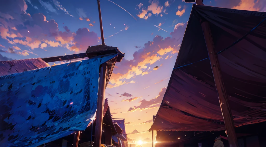 under the market tetns, under the canopies, dawn sky, early morning, 