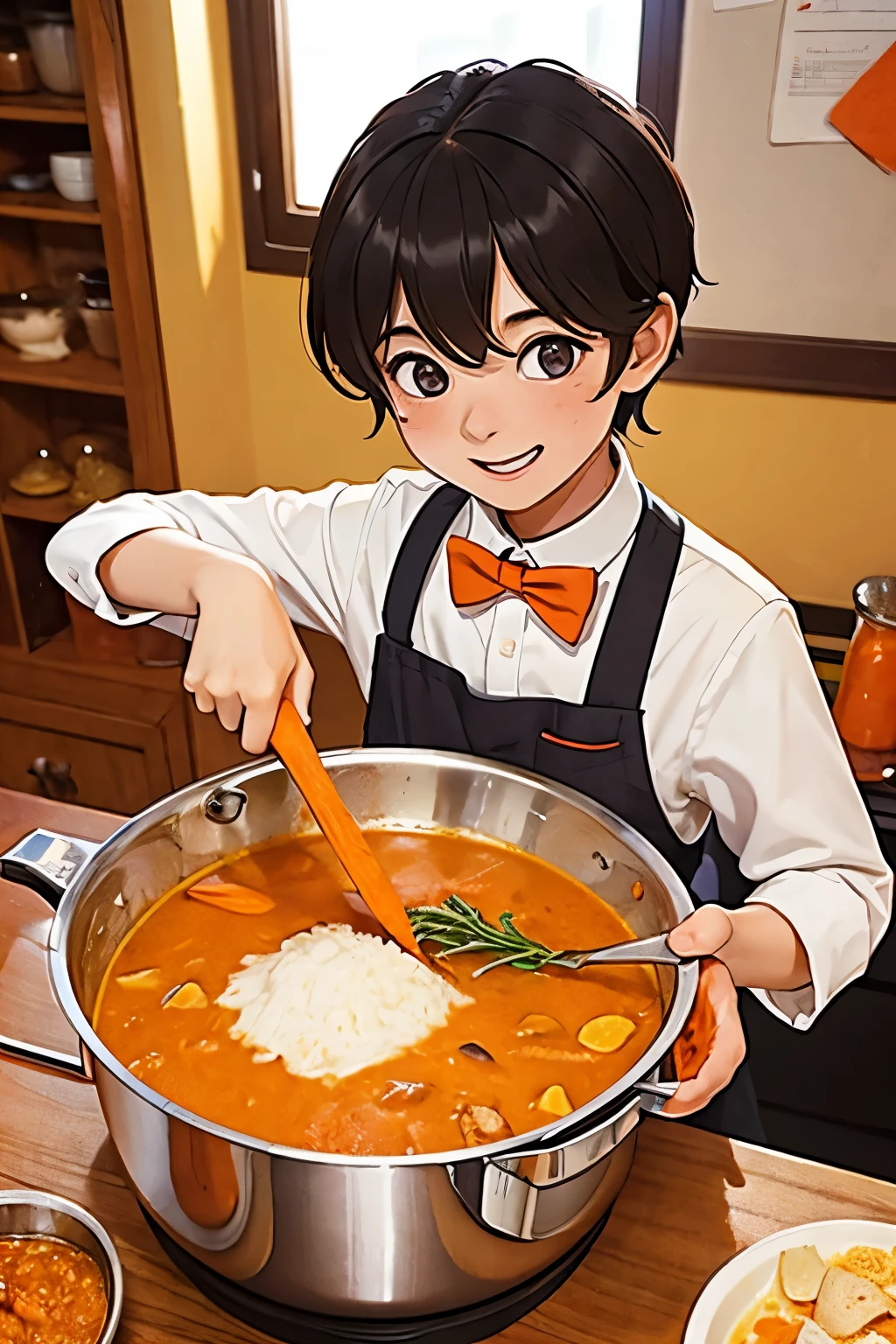 A boy making curry.
There are many uncut carrots on his desk.
He is stirring a pot with uncut carrots.
The girl next to her is looking at her with sparkling eyes.
He is proudly making it, but he actually doesn't know how to make it.
He smiles a lot.