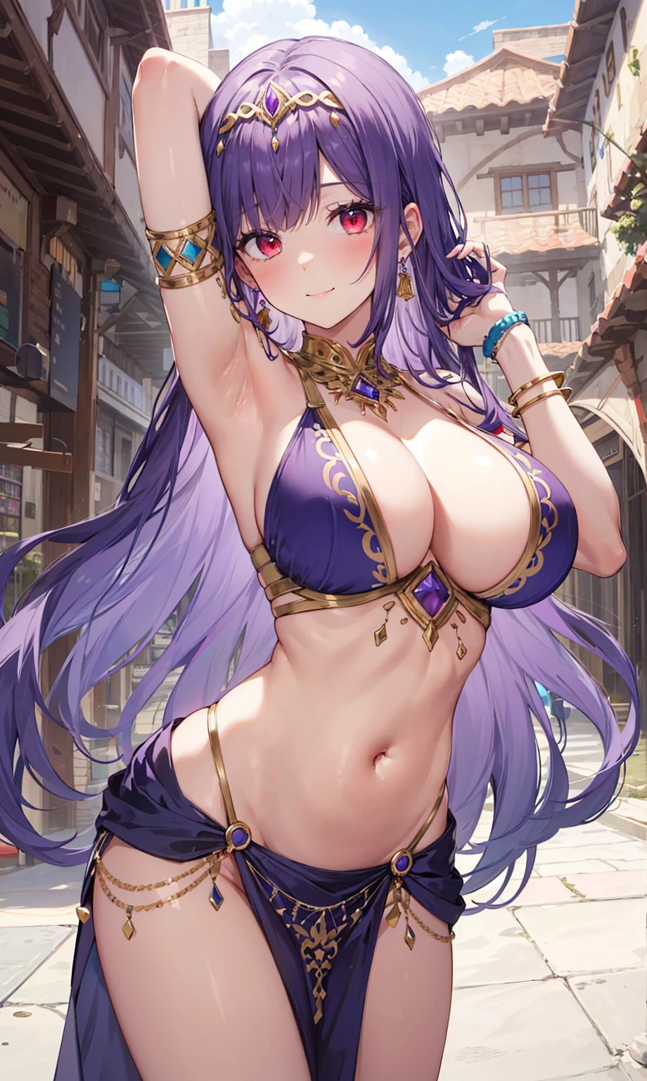 high quality, ultra detailed, best quality, insanely detailed, beautiful, masterpiece, 1girl, medieval plaza, cowboy shot, red eyes, long hair, purple hair, belly dancer, circlet, earrings, armlets, bracelets, bashful smile, large breasts, cleavage, soft stomach